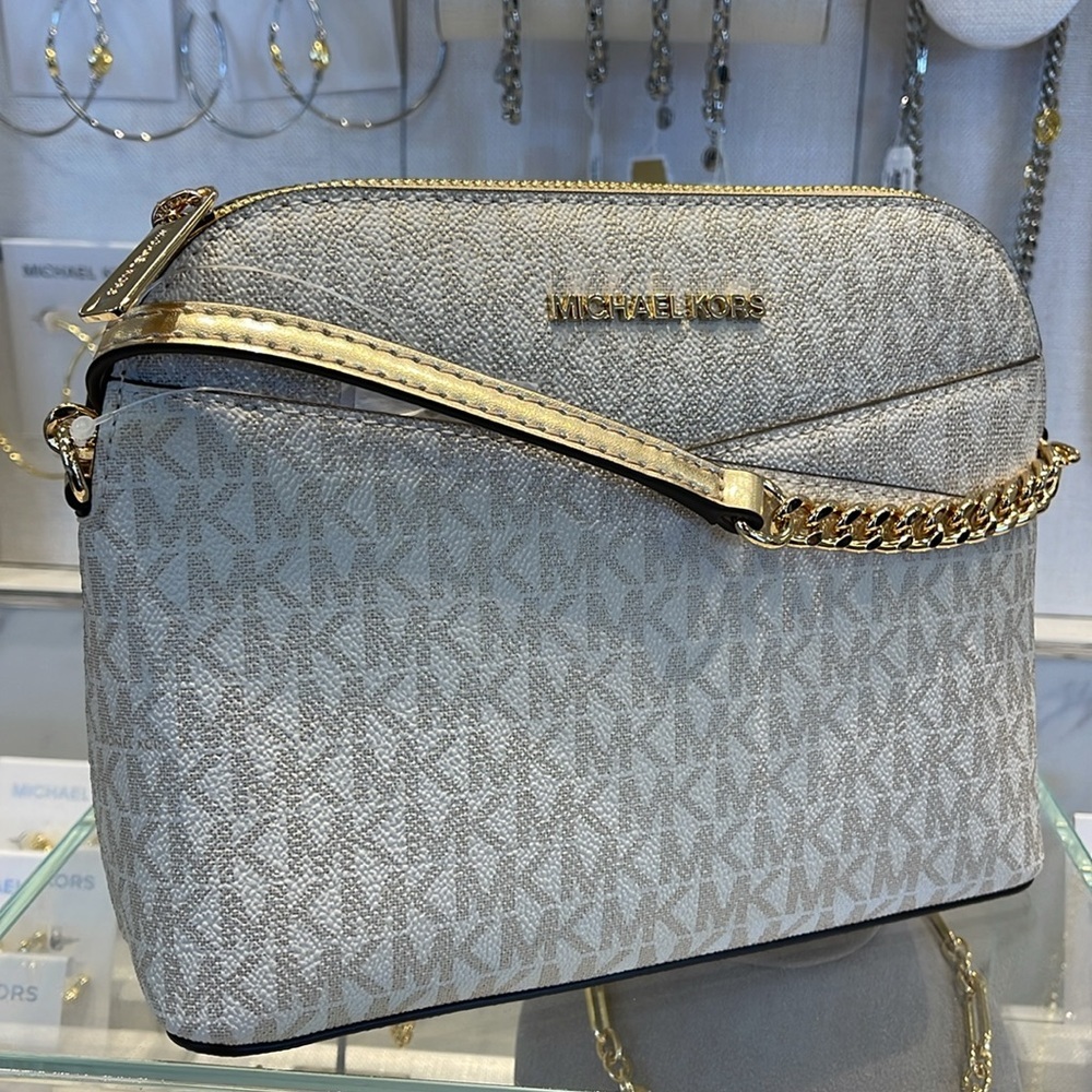 Michael Kors Jet Set Travel Medium Metallic Signature Logo Dome Crossbody Satchl